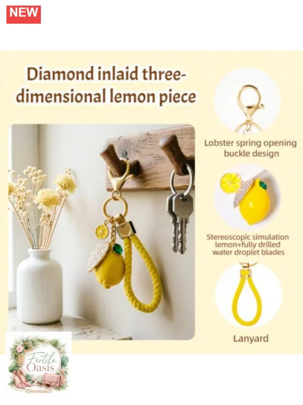 Cute Lemon Keychain Rhinestone Fruit Keyring for Purse Backpack Bag Charm Gift